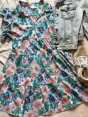 Floral Tiered Dress Blue Peach Boho Cottagecore Spring + Denim Jacket Outfit